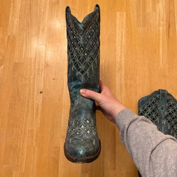 Corral Laser Cutout Western Cowboy Cowgirl Boots Turquoise Heel Rodeo Women’s 9 - Picture 7 of 14